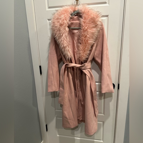 SHEIN Jackets & Blazers - Fur Trim Soft Pink Faux Wool Belted Long Coat